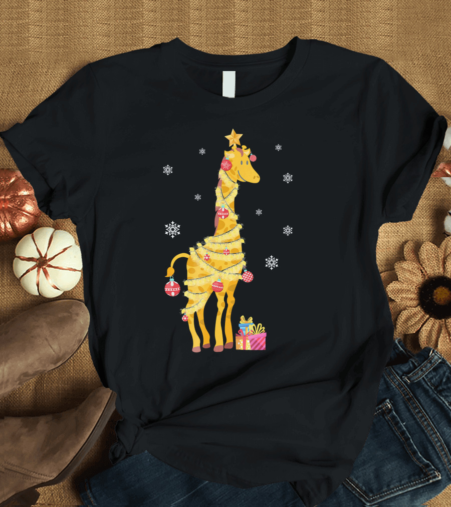 Xmas Giraffe Wrapped in Holiday Lights with Star and Gift Boxes T-Shirt