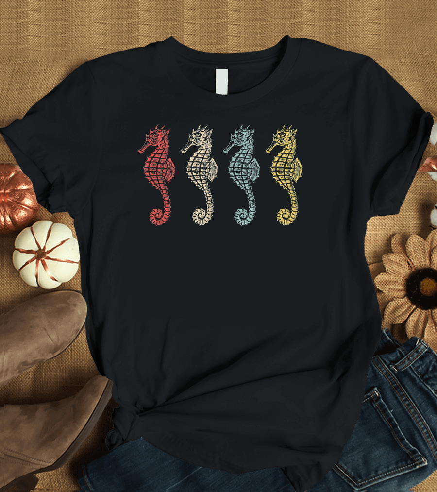 Vintage Retro Seahorse Ocean Life Multicolor T-Shirt