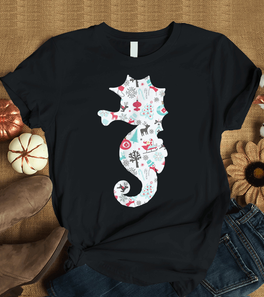 Seahorse Christmas Pattern with Reindeer, Snowflakes, and Skiing Santa T-Shirt