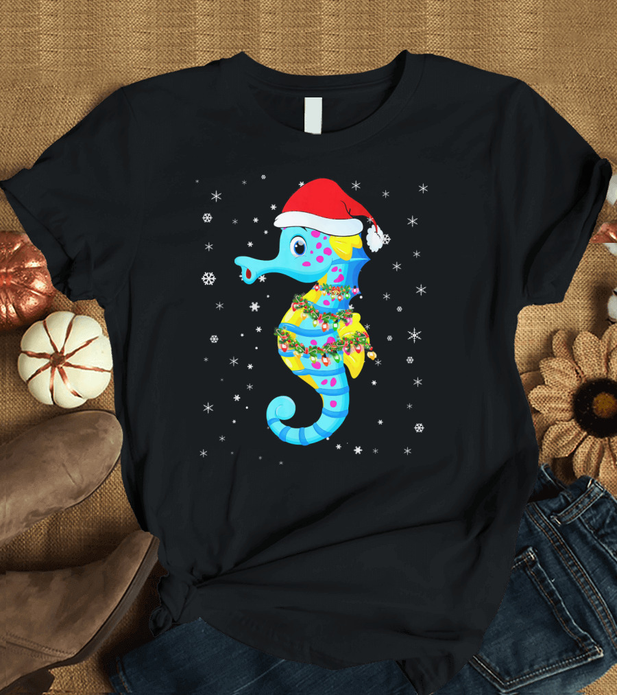 Santa Hat Seahorse with Christmas Lights and Snowflakes T-Shirt
