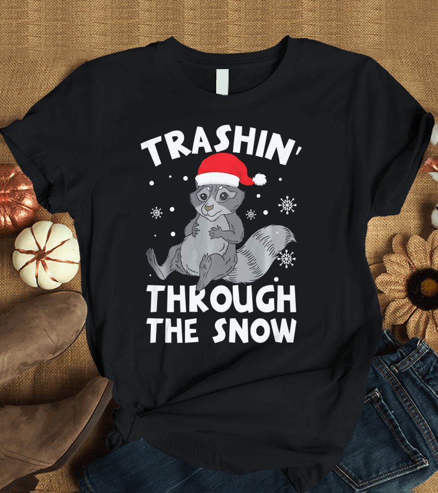 Trashin Through the Snow Santa Hat Raccoon Winter Snowflakes T-Shirt