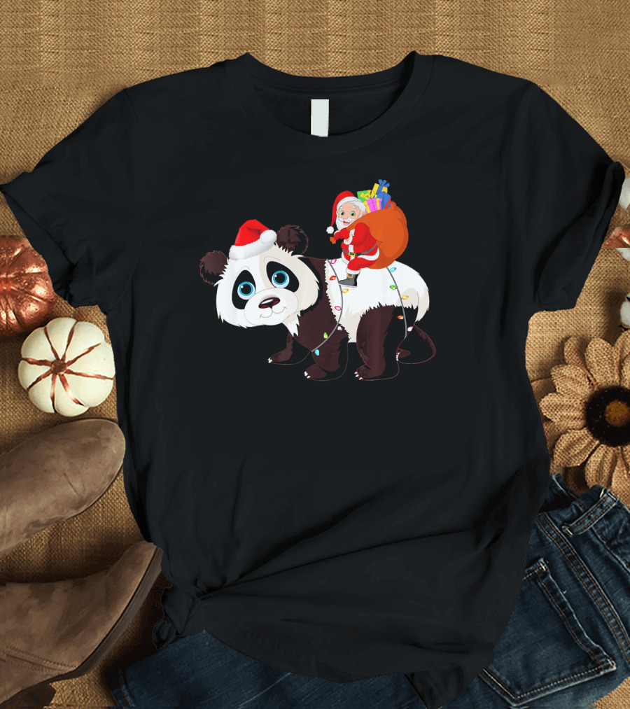 Santa Claus on Festive Panda with Christmas Lights and Gift Sack T-Shirt