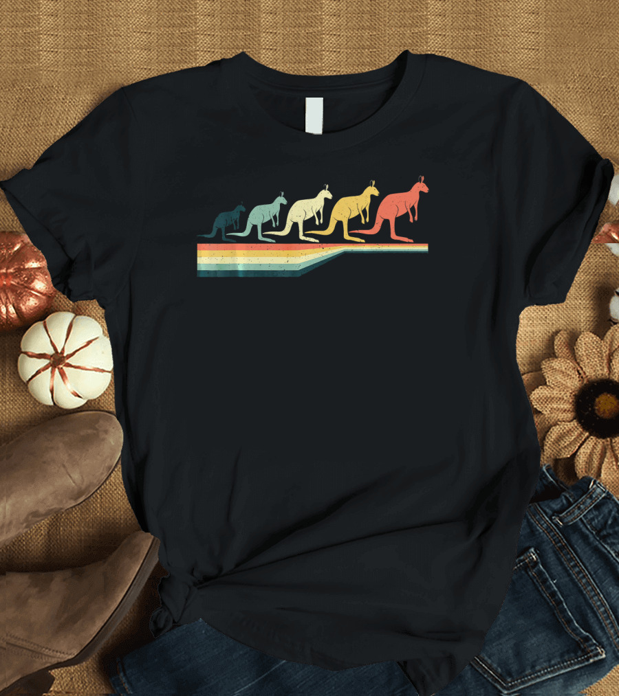 Vintage Retro Kangaroo Animal Lover Zook Silhouette Rainbow Stripes T-Shirt