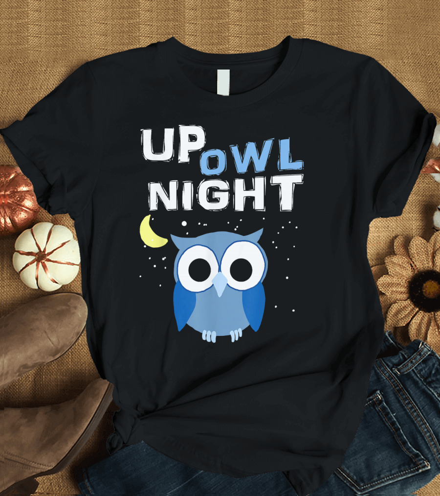 Up Owl Night Blue Owl with Moon and Stars Nocturnal Bird Love T-Shirt