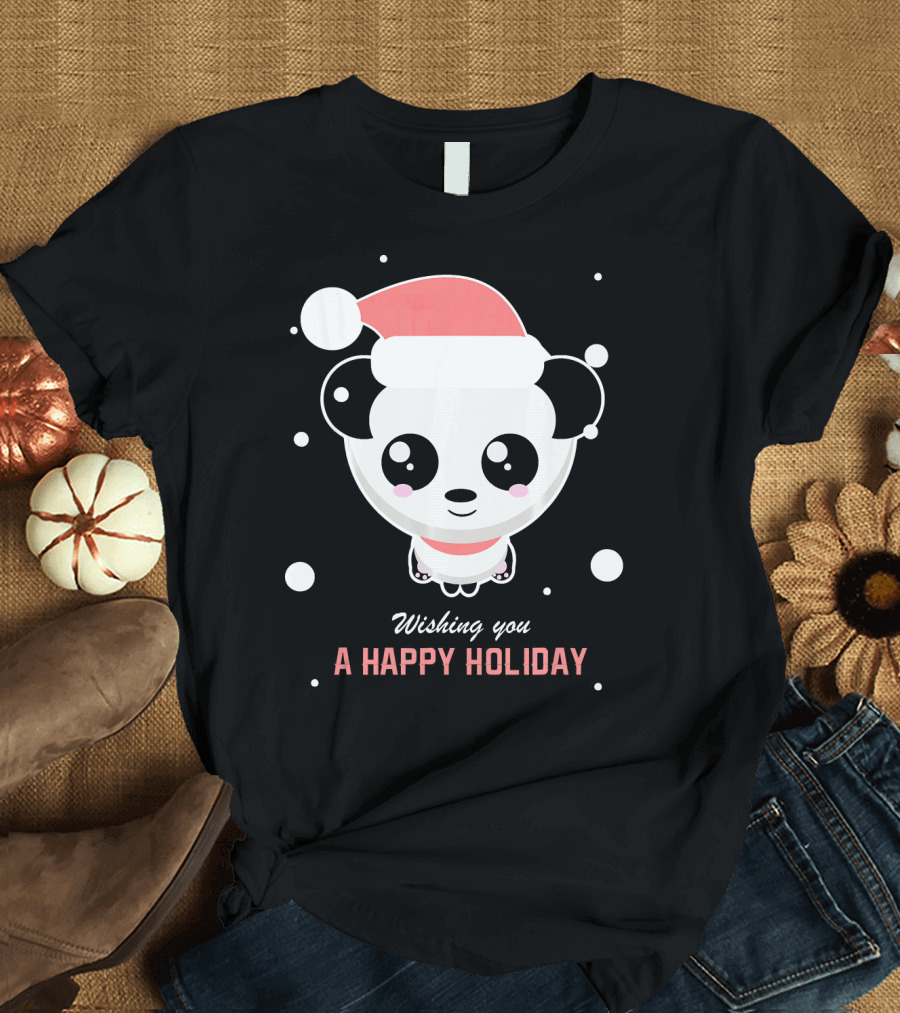 Wishing You a Happy Holiday Panda Santa Hat Snowflakes T-Shirt