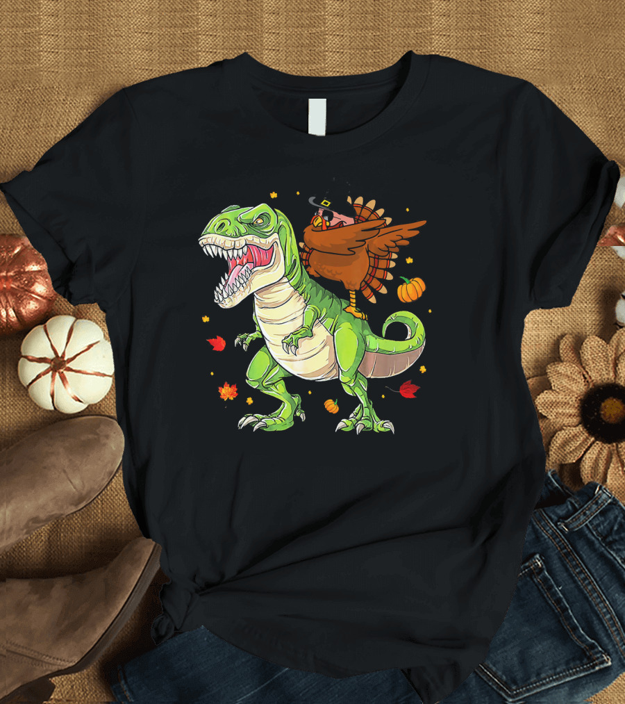 Thanksgiving Turkey Dabbing on T-Rex with Autumn Leaves and Pumpkins T-Shirt
