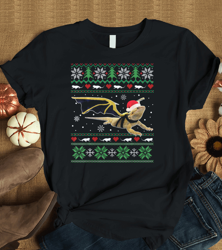 Bearded Dragon Santa Hat Ugly Christmas Sweater with Snowflakes and Hearts T-Shirt