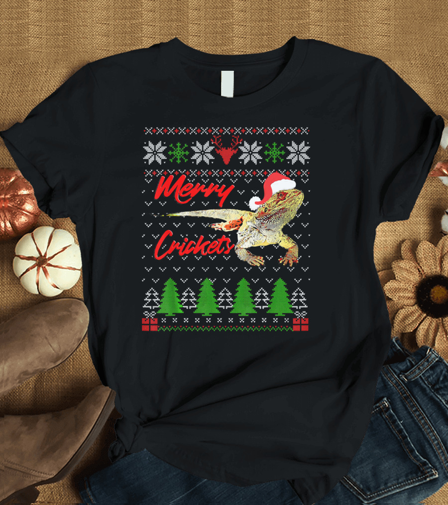 Merry Crickets Christmas Bearded Dragon Santa Hat Ugly T-Shirt