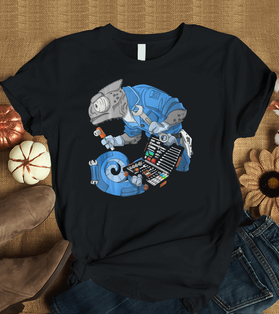 Chameleon Mechanic Legion Craft Series with Tools and Blue Overalls T-Shirt