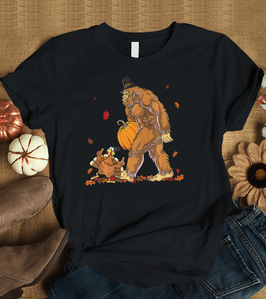 Bigfoot Pilgrim with Turkey and Pumpkin Grateful Thanksgiving T-Shirt