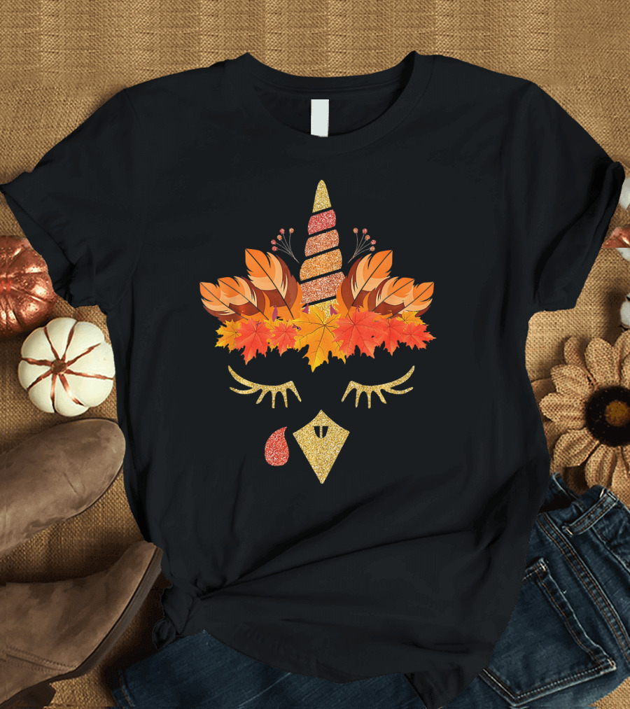 Autumn Leaves Turkey and Unicorn Face T-Shirt