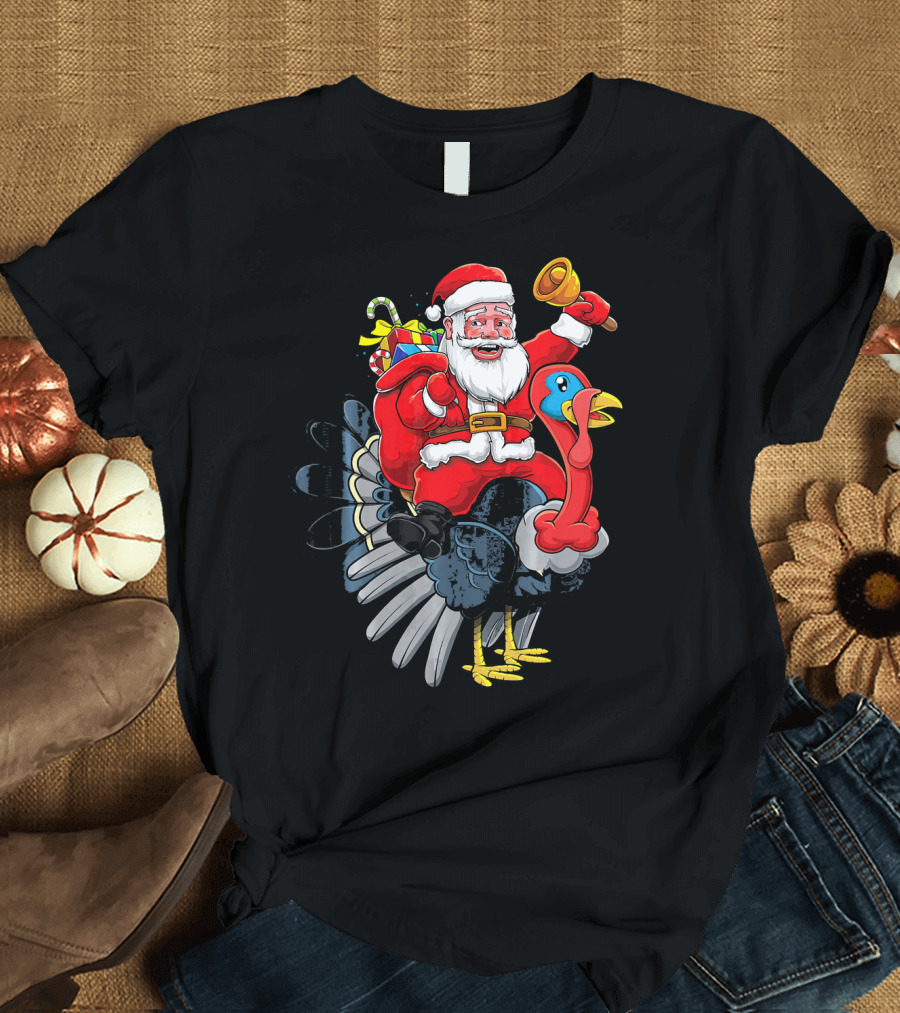 Cute Santa Claus Riding Turkey with Gifts and Bell T-Shirt