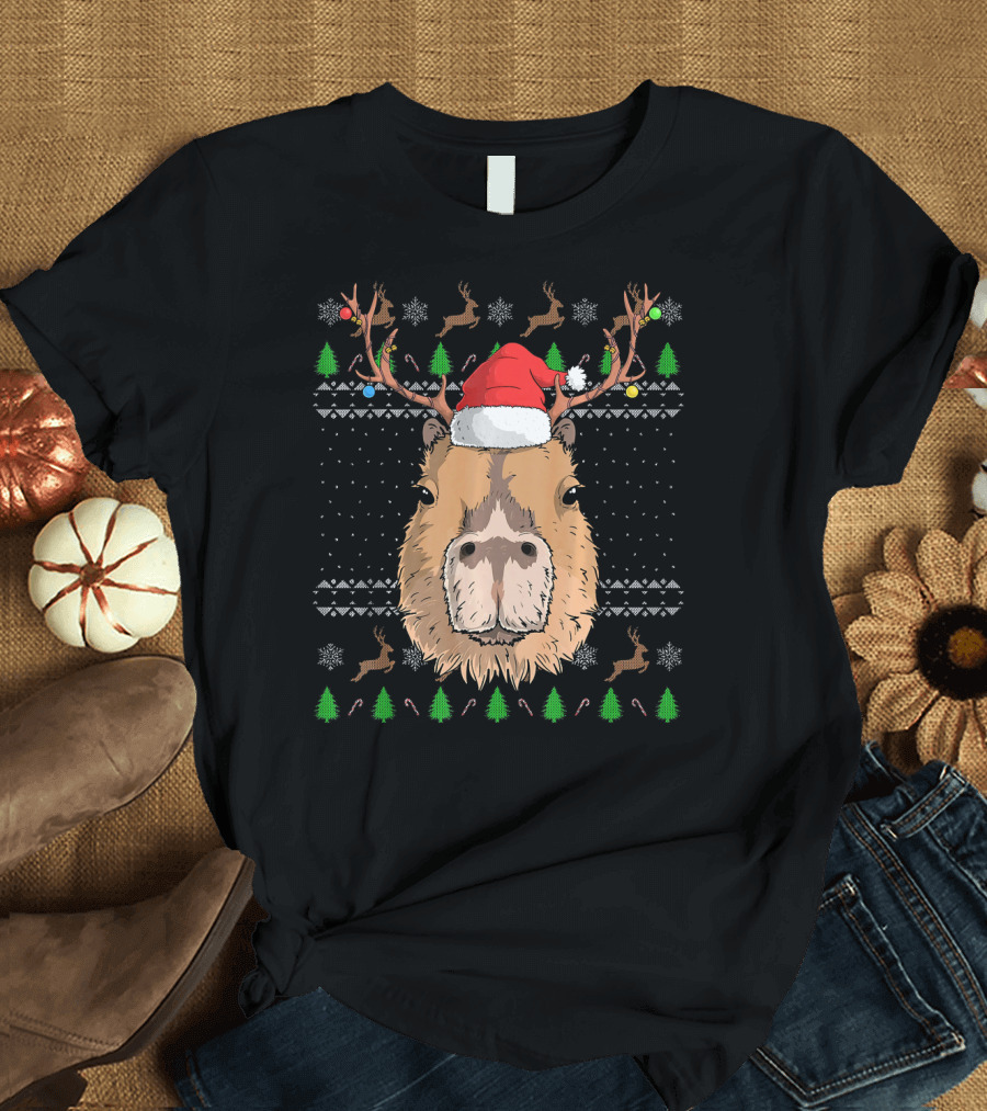 Capybara Santa Claus Hat Reindeer Antlers Christmas Sweater Pattern Snowflakes Trees T-Shirt