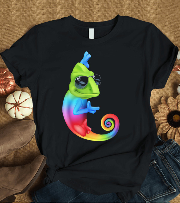 T-Shirt: Chameleon Cool Cartoon Sunglasses Rainbow Spiral T-Shirt Chameleon Cool Cartoon Sunglasses Rainbow Spiral T-Shirt