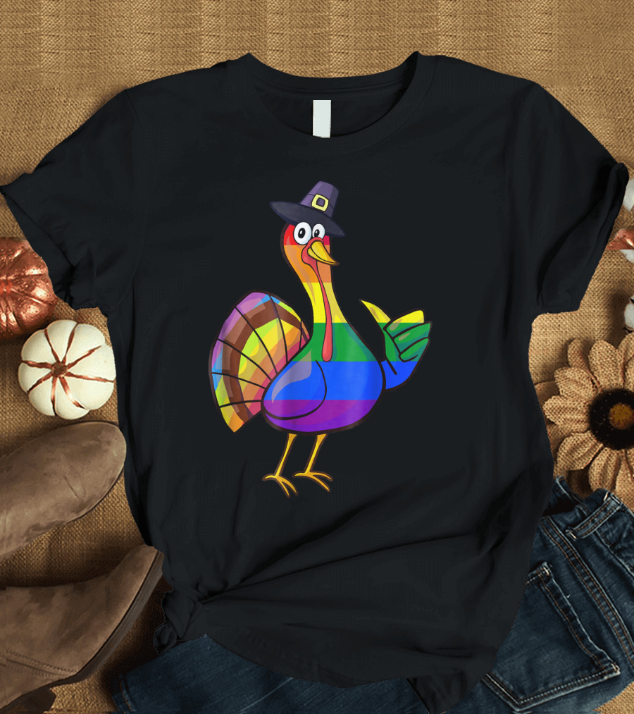 Cute Turkey Day Rainbow Pilgrim Hat T-Shirt