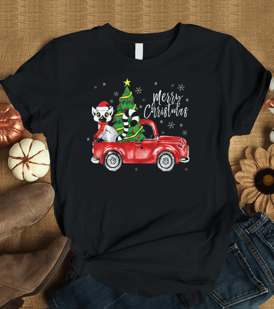 Merry Christmas Cute Lemur in Red Truck with Christmas Tree T-Shirt