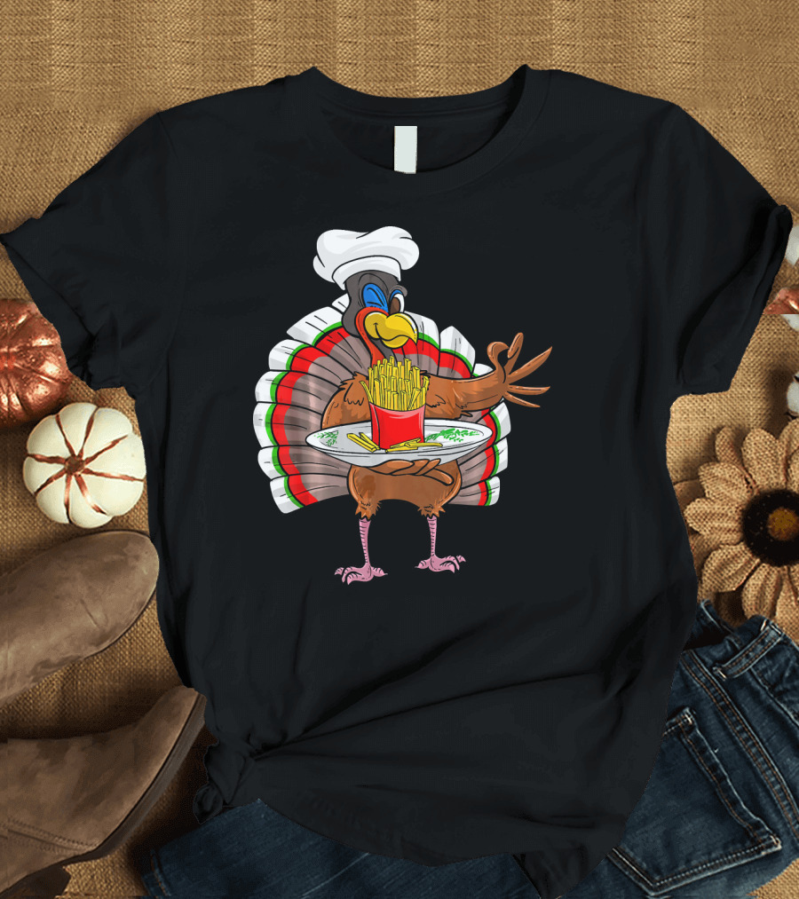 Cute Turkey Chef Serving French Fries with Tray T-Shirt