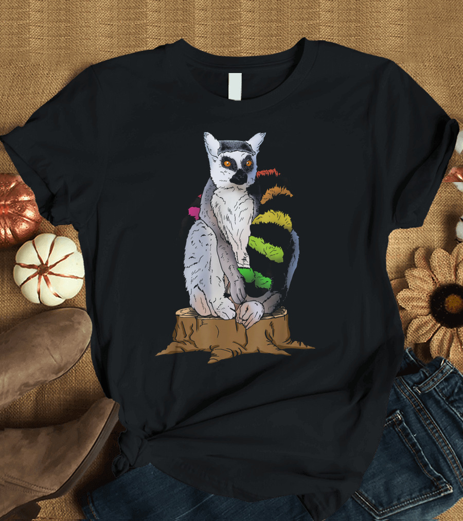 Colorful Lemur with Multicolored Tail Sitting on Tree Stump T-Shirt