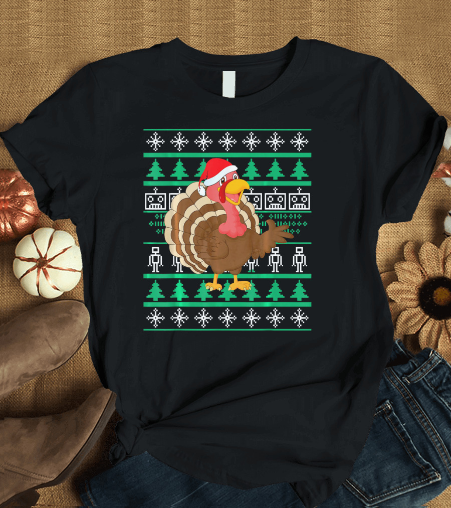 Cute Turkey Christmas Santa Hat Festive Pixel Trees and Snowflakes T-Shirt