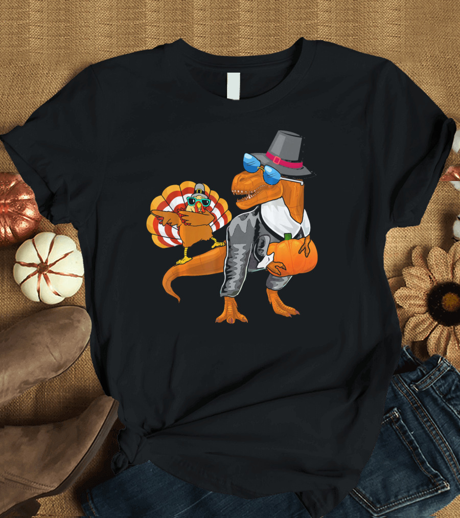 Dinosaur Rex Turkey Pilgrim Dabbing Thanksgiving Pumpkin T-Shirt