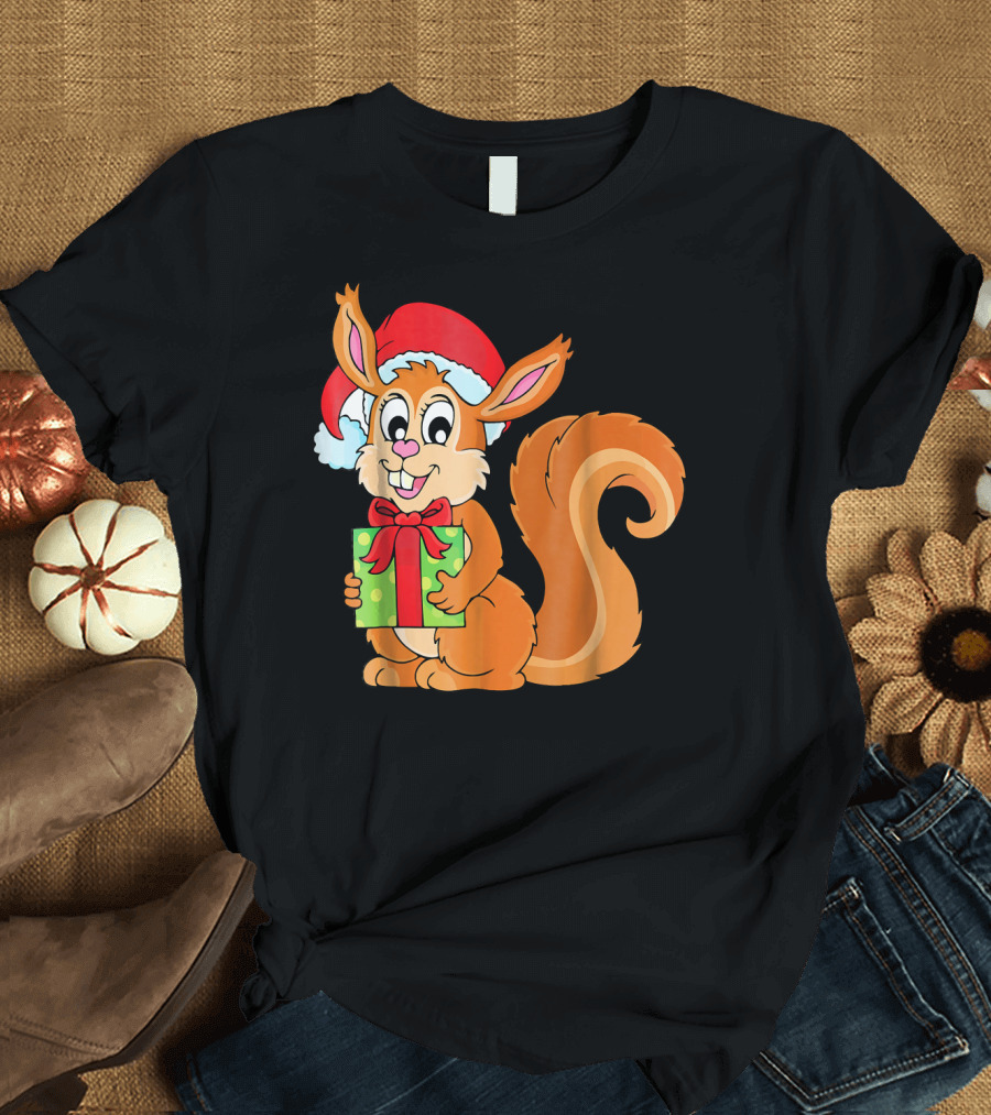 Cute Santa Squirrel Holding a Green Gift Box T-Shirt