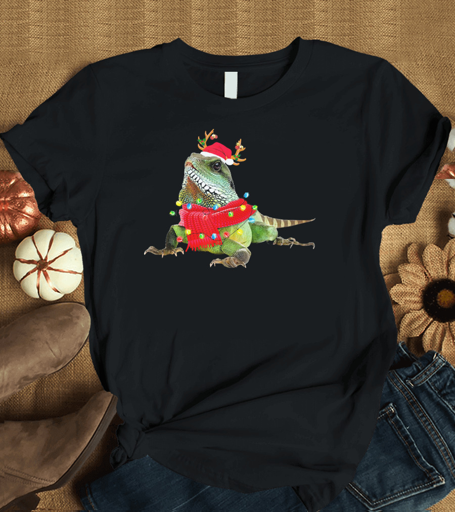 Bearded Dragon with Christmas Lights and Reindeer Antlers Santa Hat T-Shirt