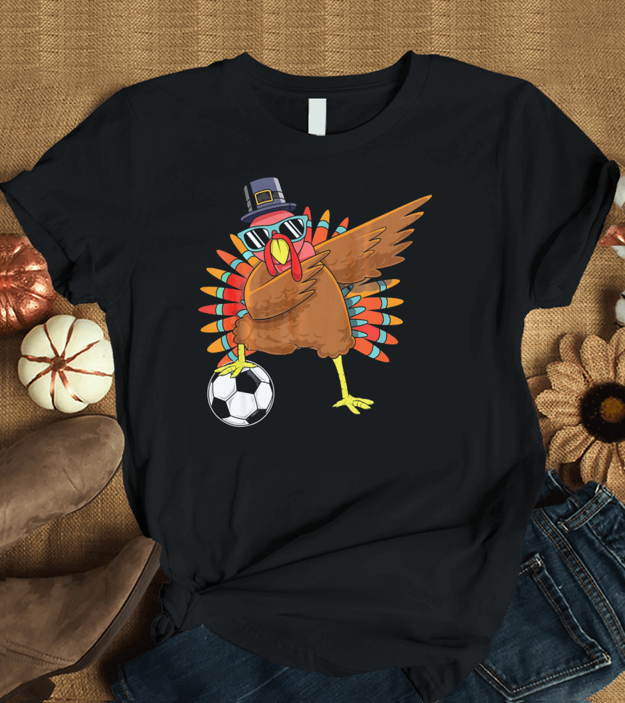 Thanksgiving Turkey Dabbing with Soccer Ball and Pilgrim Hat T-Shirt
