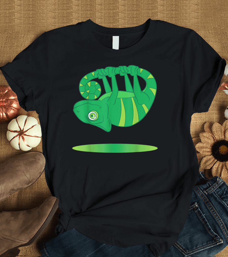 Chameleon Funny and Cute Upside Down Playful Lizard Hanging Above Green Oval T-Shirt