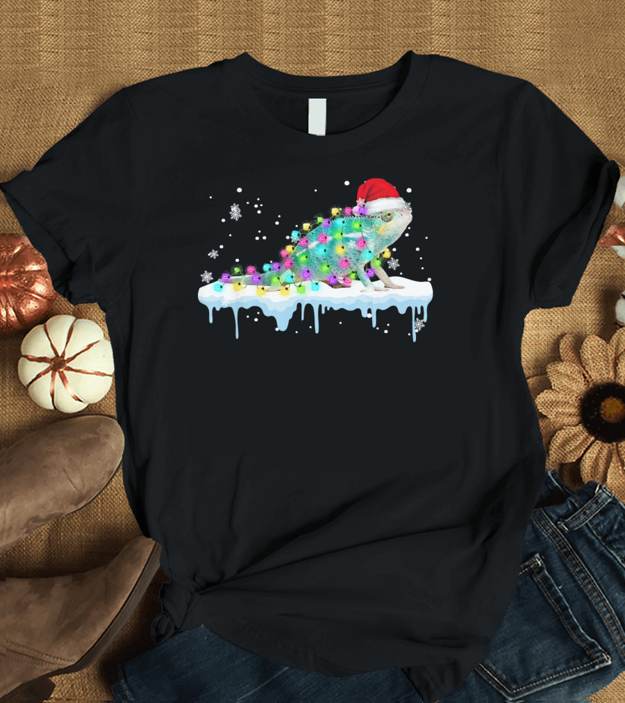 Chameleon Wrapped in Christmas Lights Wearing Santa Hat on Snow with Snowflakes T-Shirt