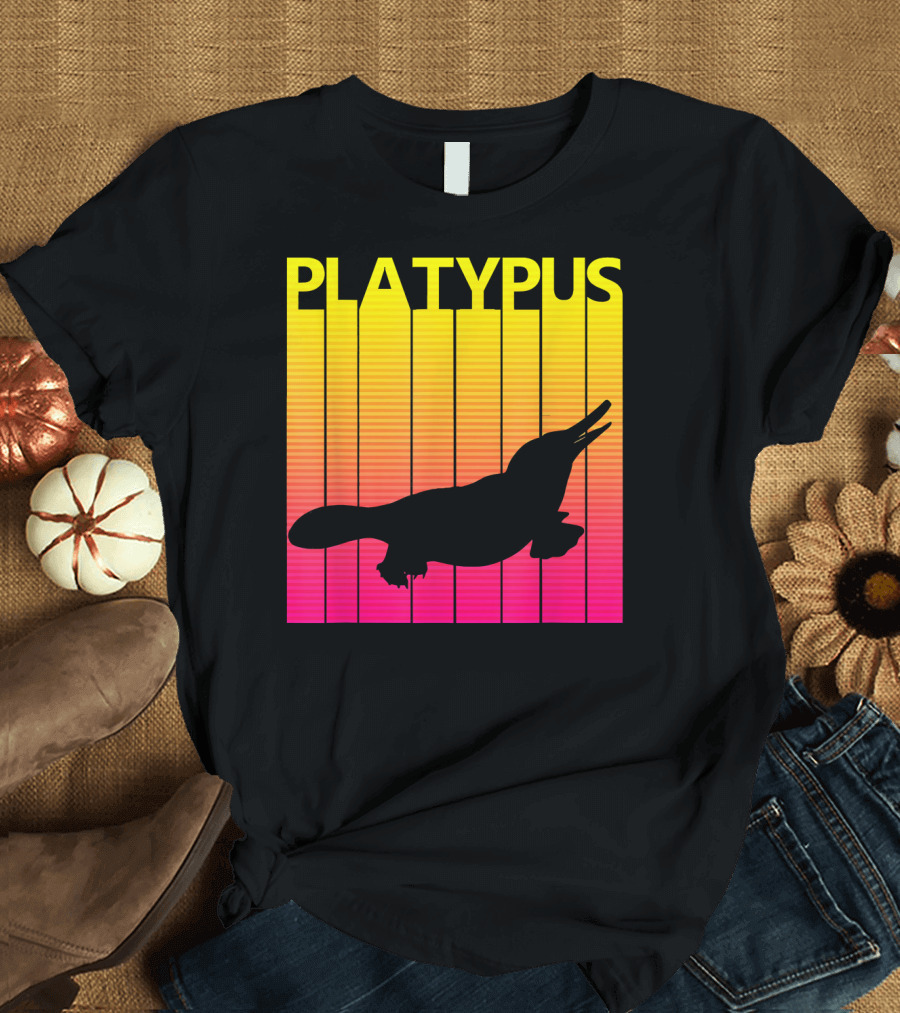 1980s Retro Platypus Silhouette with Yellow and Pink Gradient Lines T-Shirt