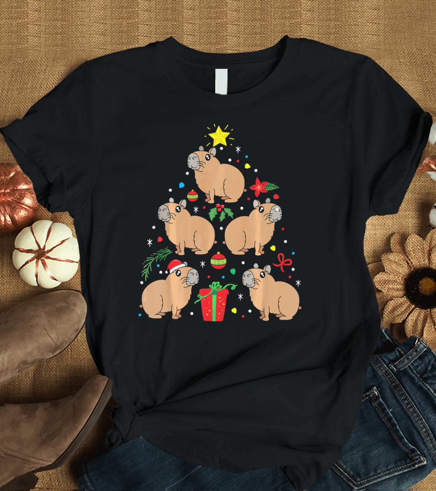 Capybara Christmas Ornament Tree Star Holly Gifts Bows T-Shirt