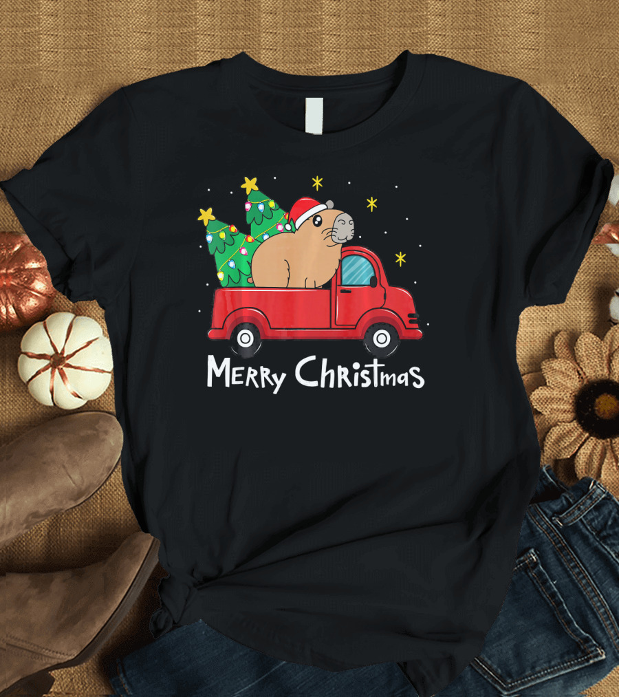 Merry Christmas Capybara Santa Hat Red Truck Christmas Trees T-Shirt