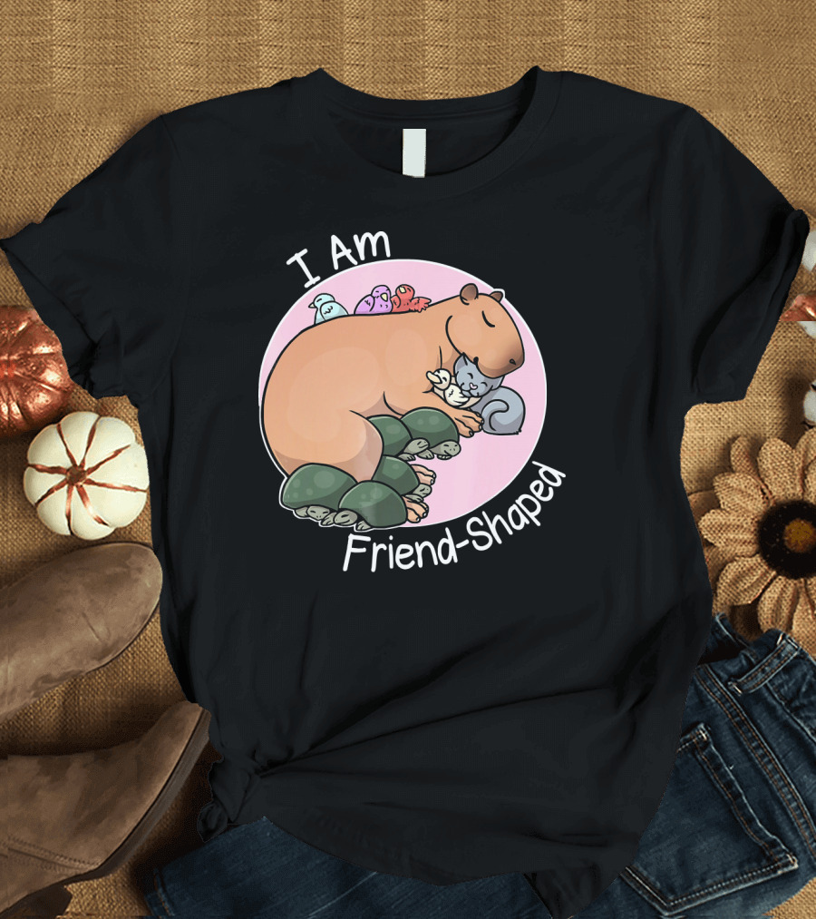 I Am Friend Shaped Capybara Surrounded by Birds and Turtles T-Shirt