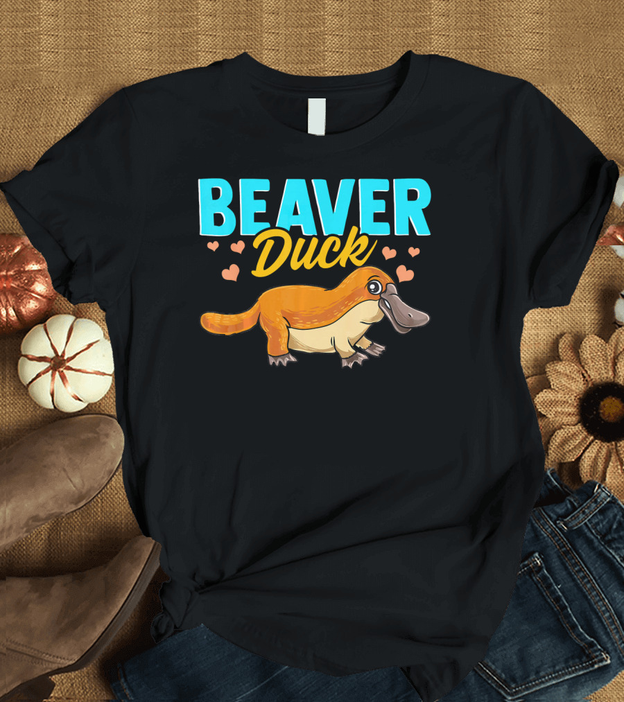 Beaver Duck Platypus Pun Cute Hearts T-Shirt
