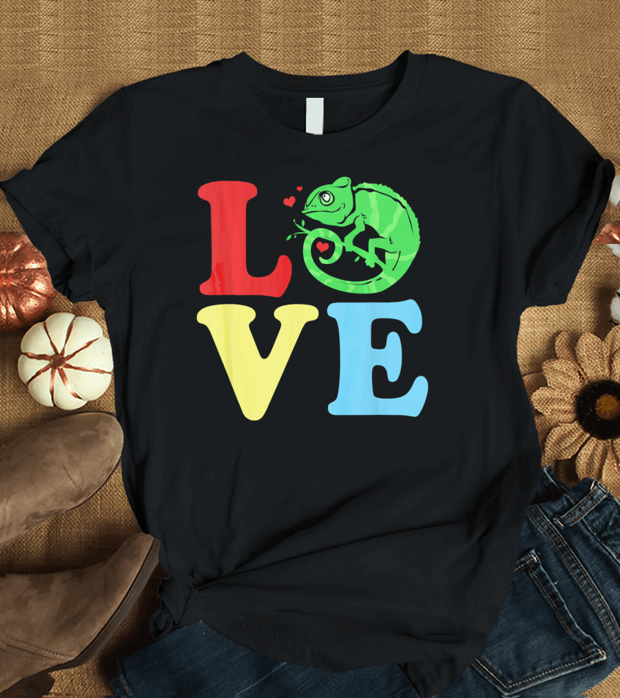 LOVE Chameleon Green Hearts Colorful Letters T-Shirt