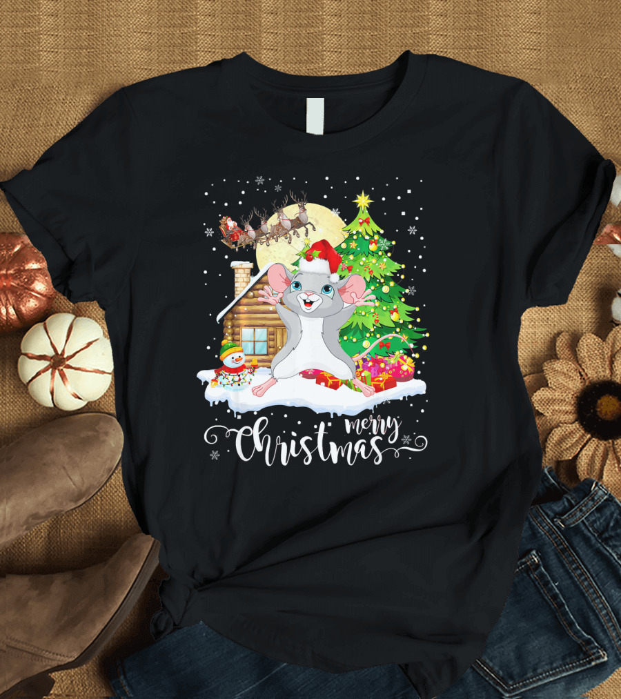 Merry Christmas Gerbil Lover Santa Hat Sleigh Cabin Snowman Tree T-Shirt