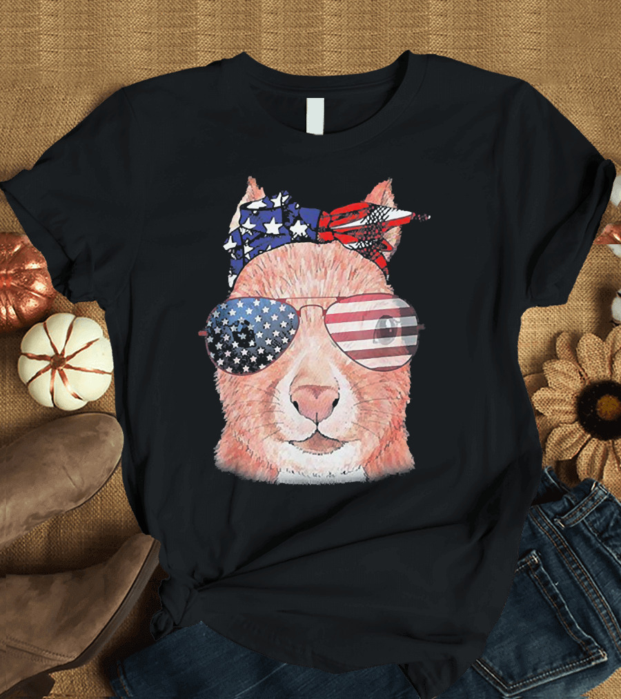 Funny Squirrel in Patriotic American Flag Bandana and Sunglasses T-Shirt