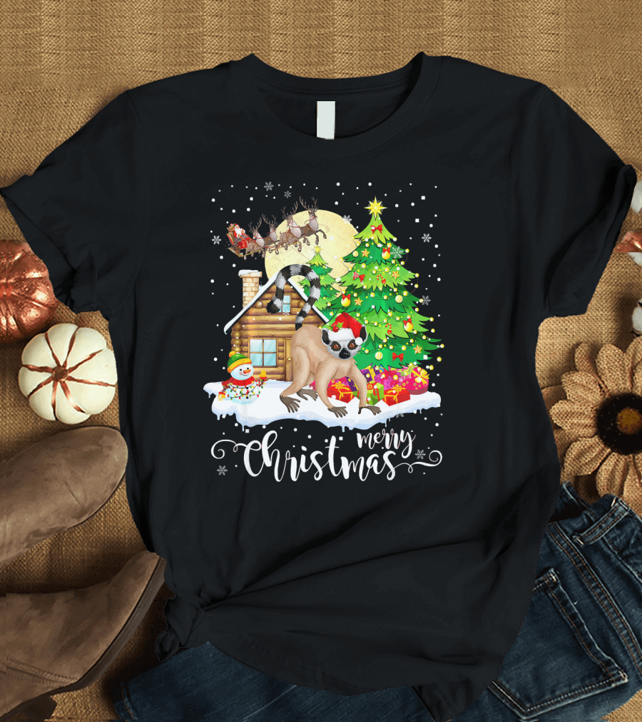 Merry Christmas Funny Cute Lemur Lover with Santa Sleigh and Christmas Tree T-Shirt