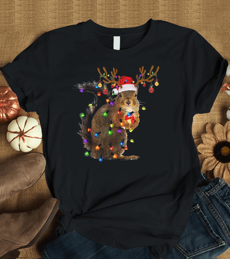 Funny Squirrel Christmas Gift Lights and Reindeer Antlers T-Shirt