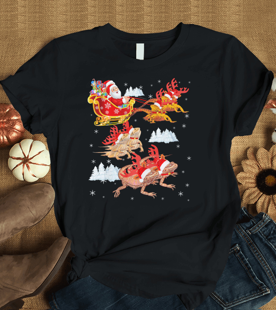 Funny Bearded Dragon Santa Sleigh Christmas Holiday T-Shirt