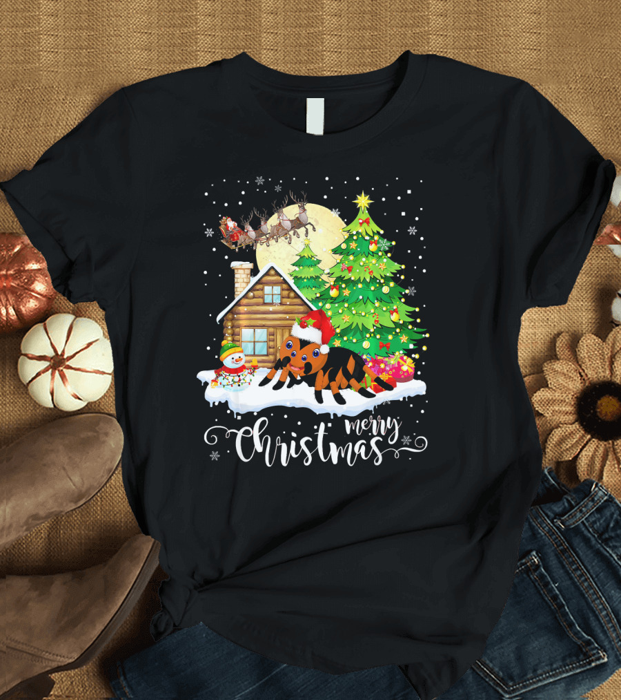 Funny Merry Christmas Tarantula Cabin Snowman Scene T-Shirt