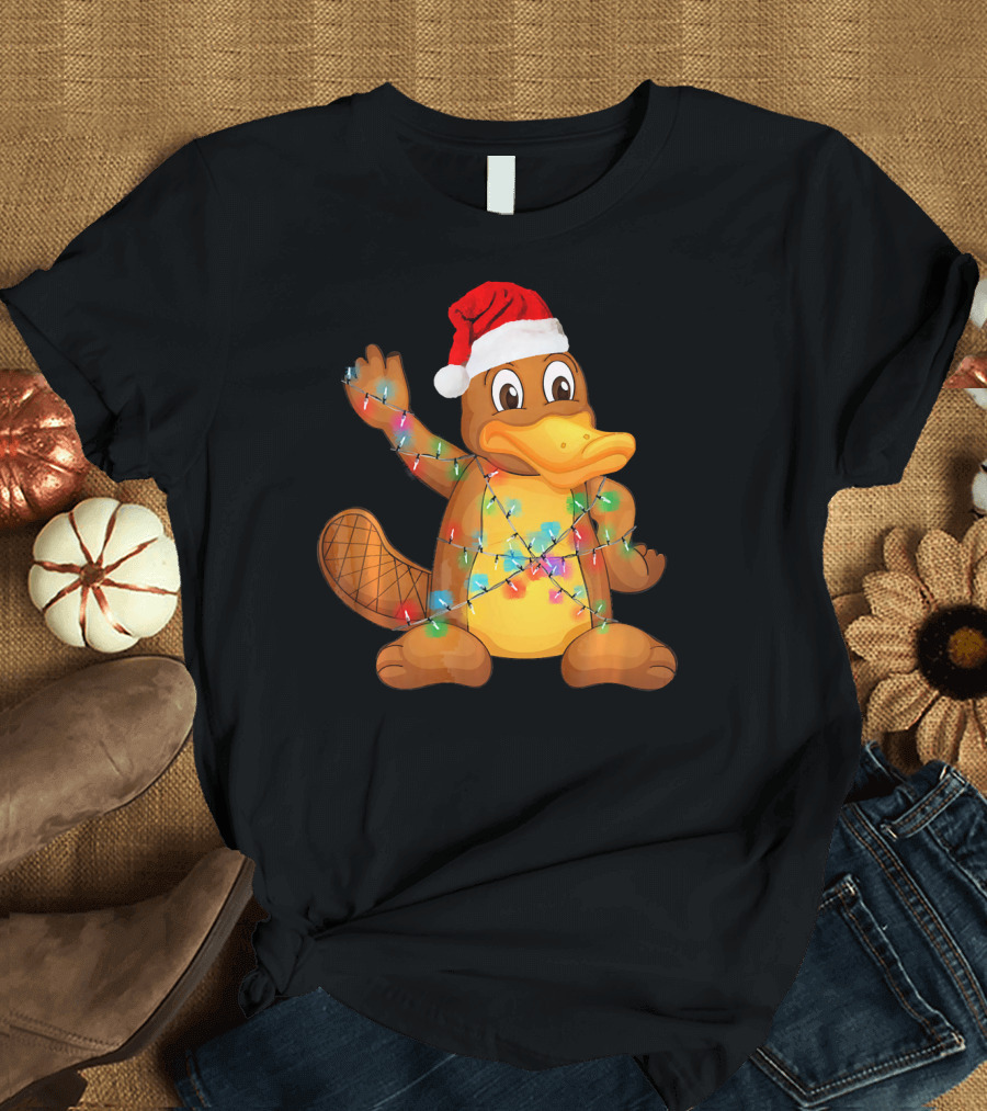 Funny Platypus Santa Christmas Tree Lights Wrapped T-Shirt