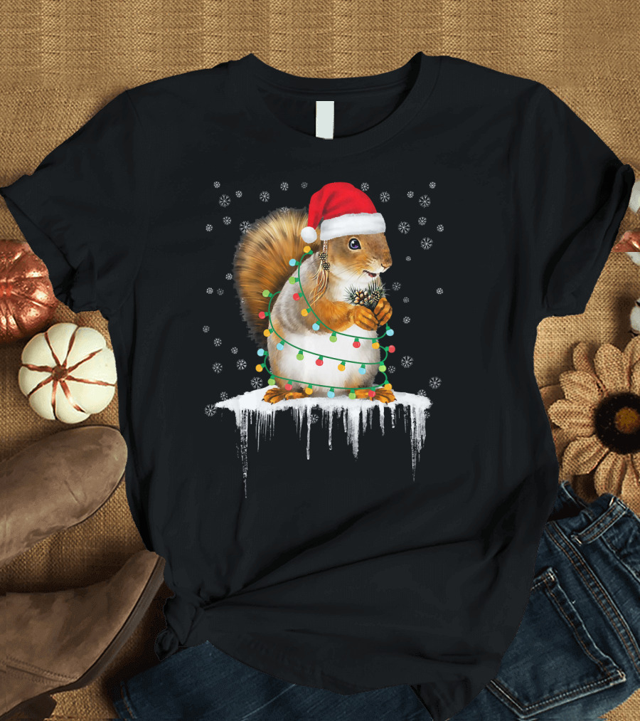 Funny Squirrel in Santa Hat Wrapped in Christmas Lights with Snowflakes T-Shirt