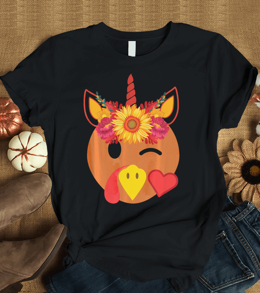 Winking Turkey Unicorn with Sunflower Crown and Heart T-Shirt