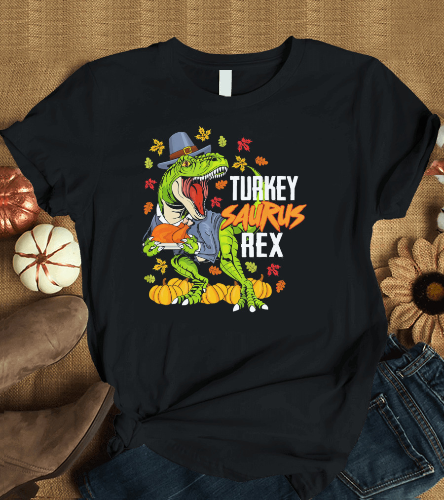 Thanksgiving Turkey Saurus Rex Dinosaur in Pilgrim Hat with Pumpkins and Leaves T-Shirt