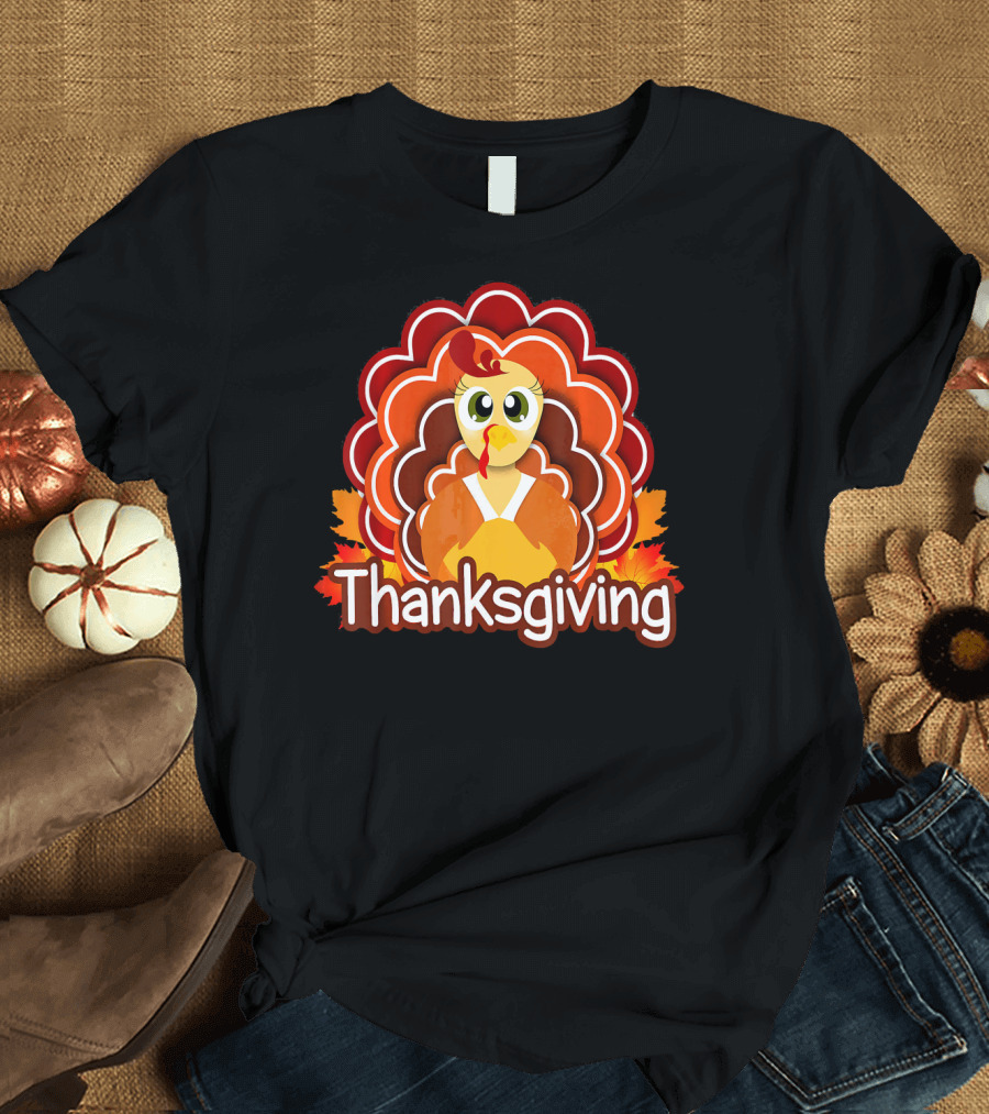 Thanksgiving Cute Turkey Illustrations with Autumn Leaves T-Shirt