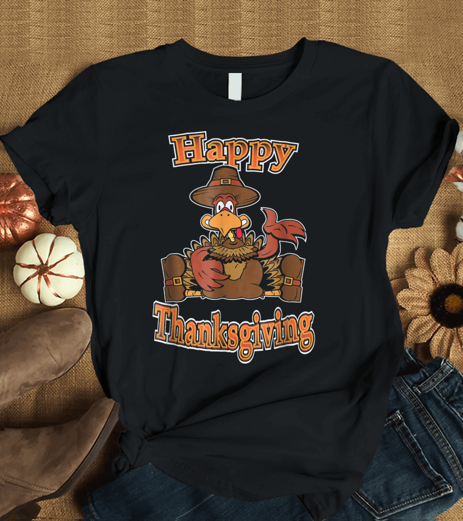 Happy Thanksgiving Funny Turkey with Pilgrim Hat T-Shirt