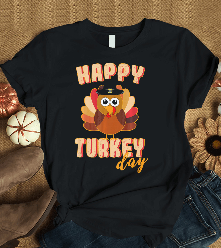 Happy Turkey Day Funny Cute Thanksgiving Turkey with Hat T-Shirt