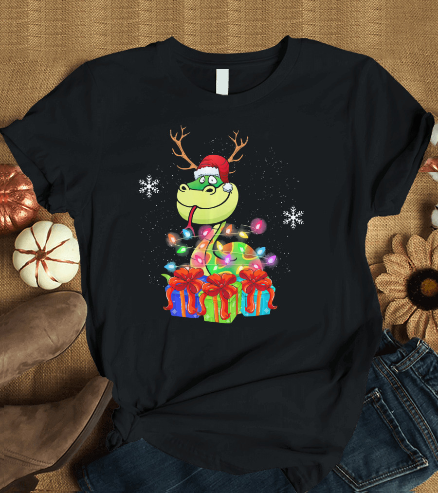 Funny Python Snake with Santa Hat Reindeer Antlers and Christmas Lights T-Shirt