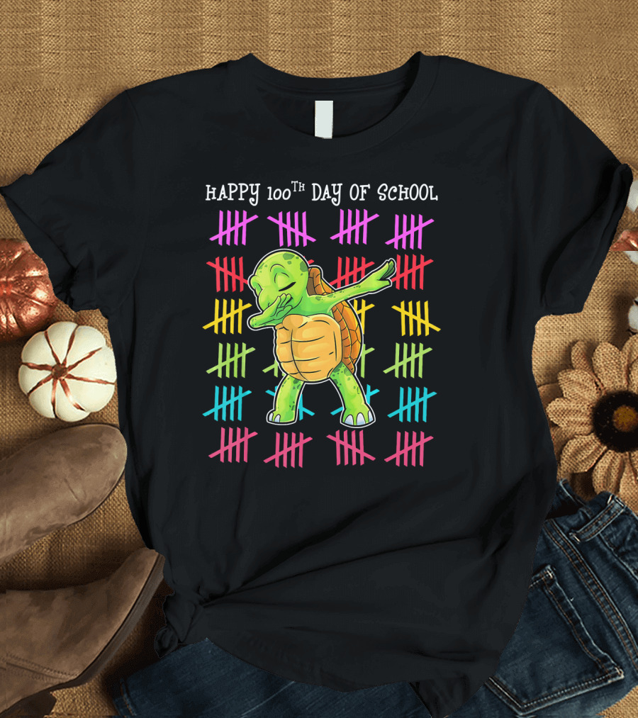 HAPPY 100TH DAY OF SCHOOL for Tor Dabbing Turtle with Colorful Tally Marks T-Shirt